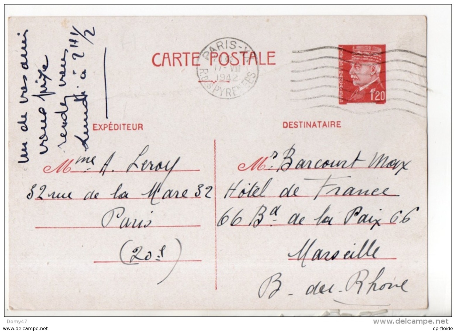 ENTIER POSTAL . TYPE PÉTAIN 1,20 F - Réf. N°382T - - Cartes Postales Types Et TSC (avant 1995)