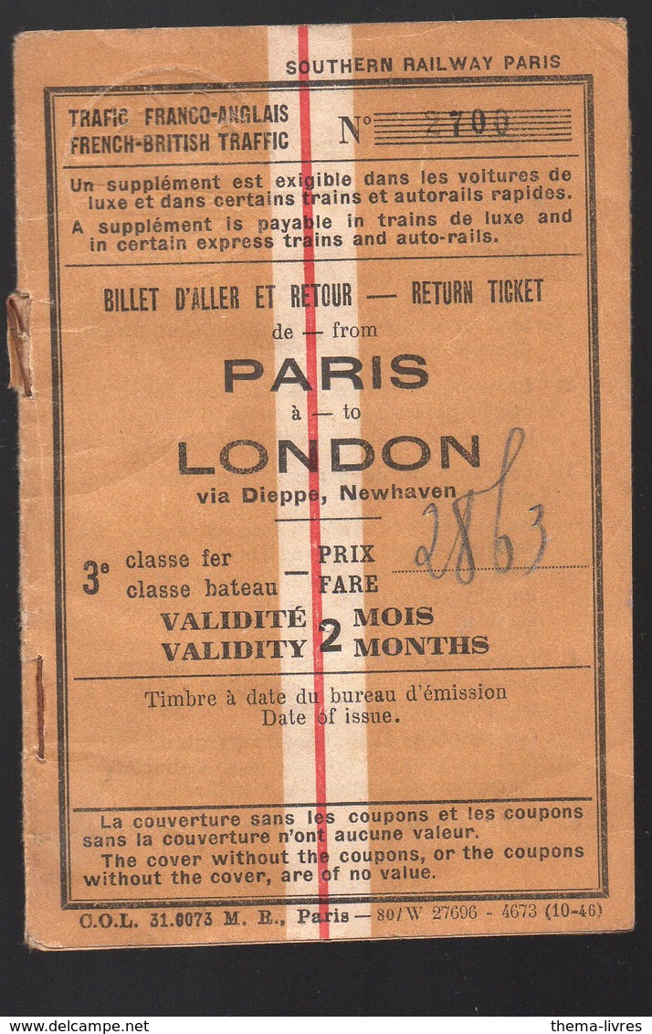 (Angleterre) Billet SOUTHERN RAILWAY PARIS TO LONDON (return Ticket) (PPP18263) - Europe