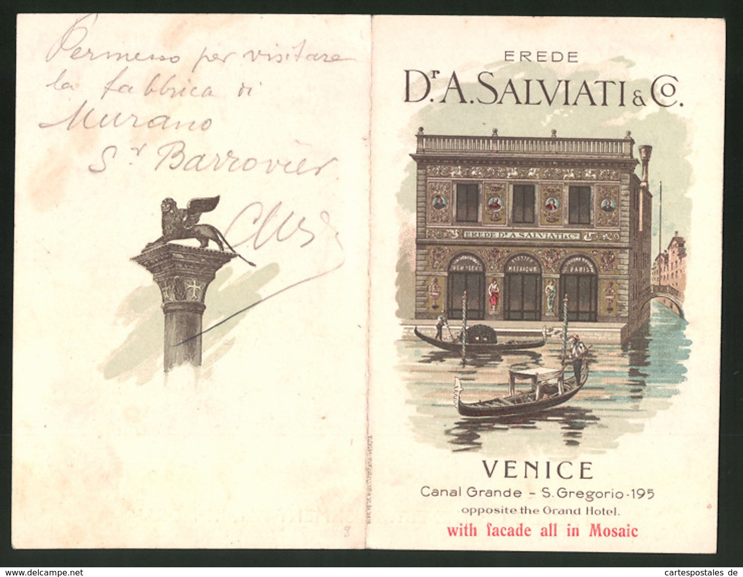 Werbebillet Venice, Glasware Mosaics Erede Dr. A. Salviati & Co., Canal Grande - S. Gregorio 195, Gondeln - Ohne Zuordnung