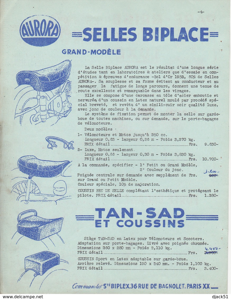 Anciens Tarifs BIPLEX / Accessoires Vélomoteurs & Motos / 6 Pages 21 Cm X 27 Cm - Motos