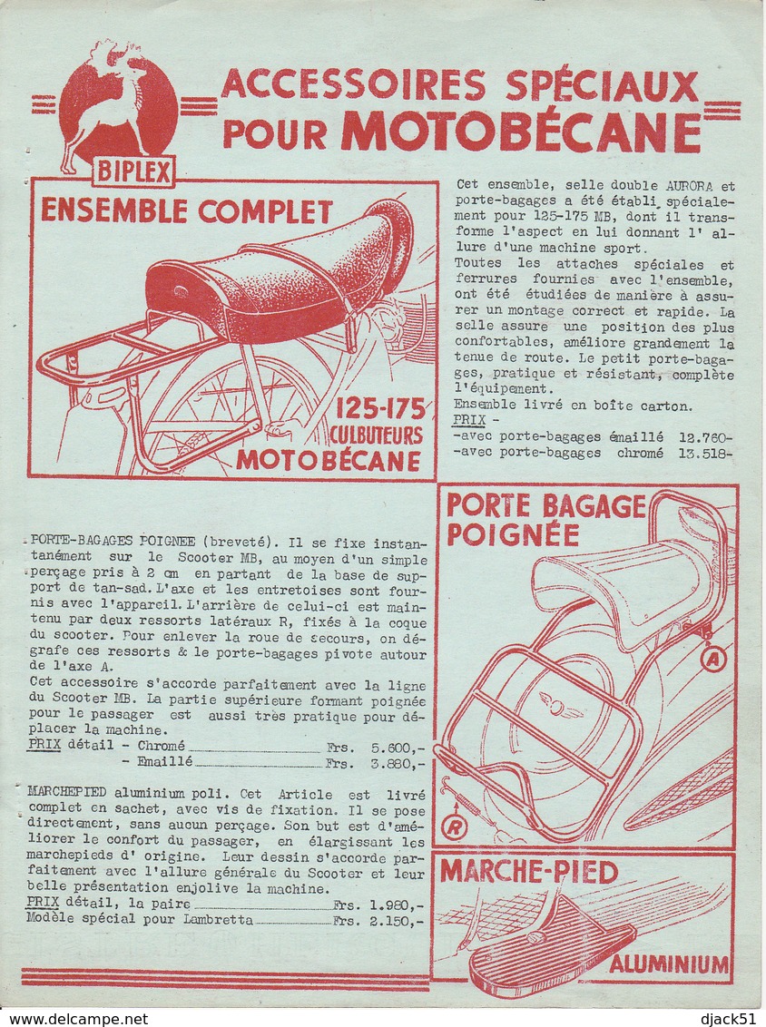 Anciens Tarifs BIPLEX / Accessoires Vélomoteurs & Motos / 6 Pages 21 Cm X 27 Cm - Motos