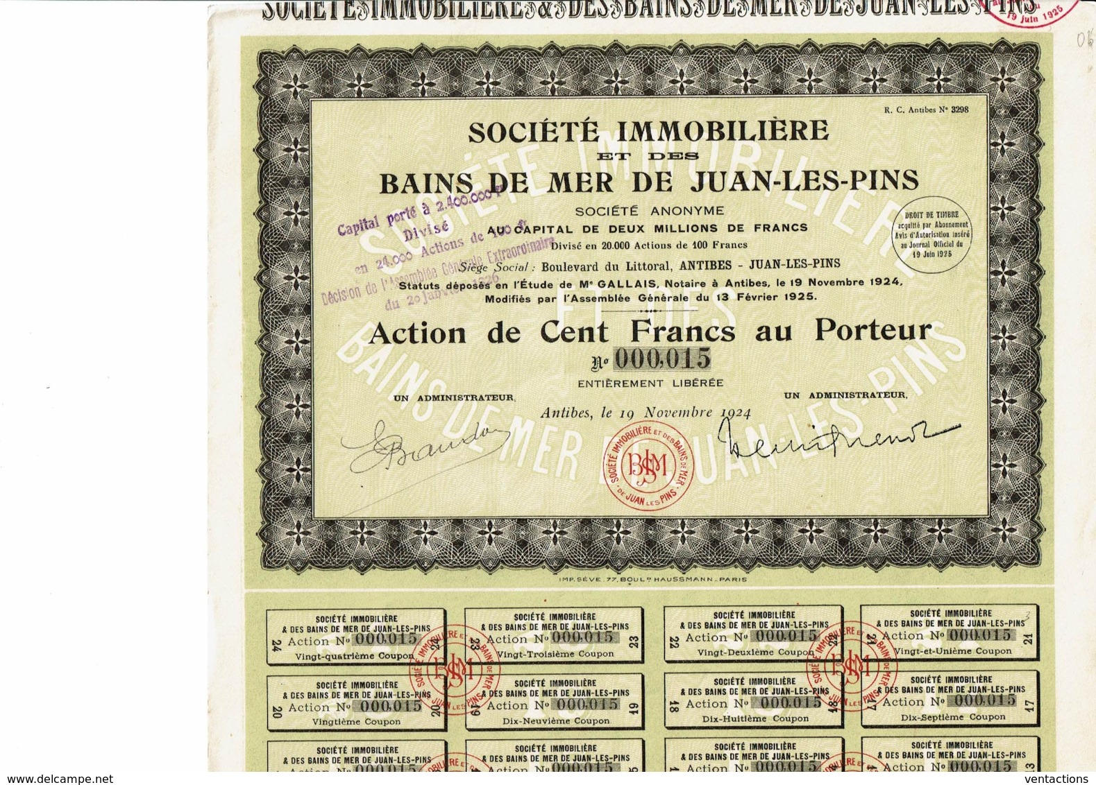 06-IMMOBILIERE ET DES BAINS DE MER DE JUAN-LES-PINS. Action 1924 - Autres & Non Classés