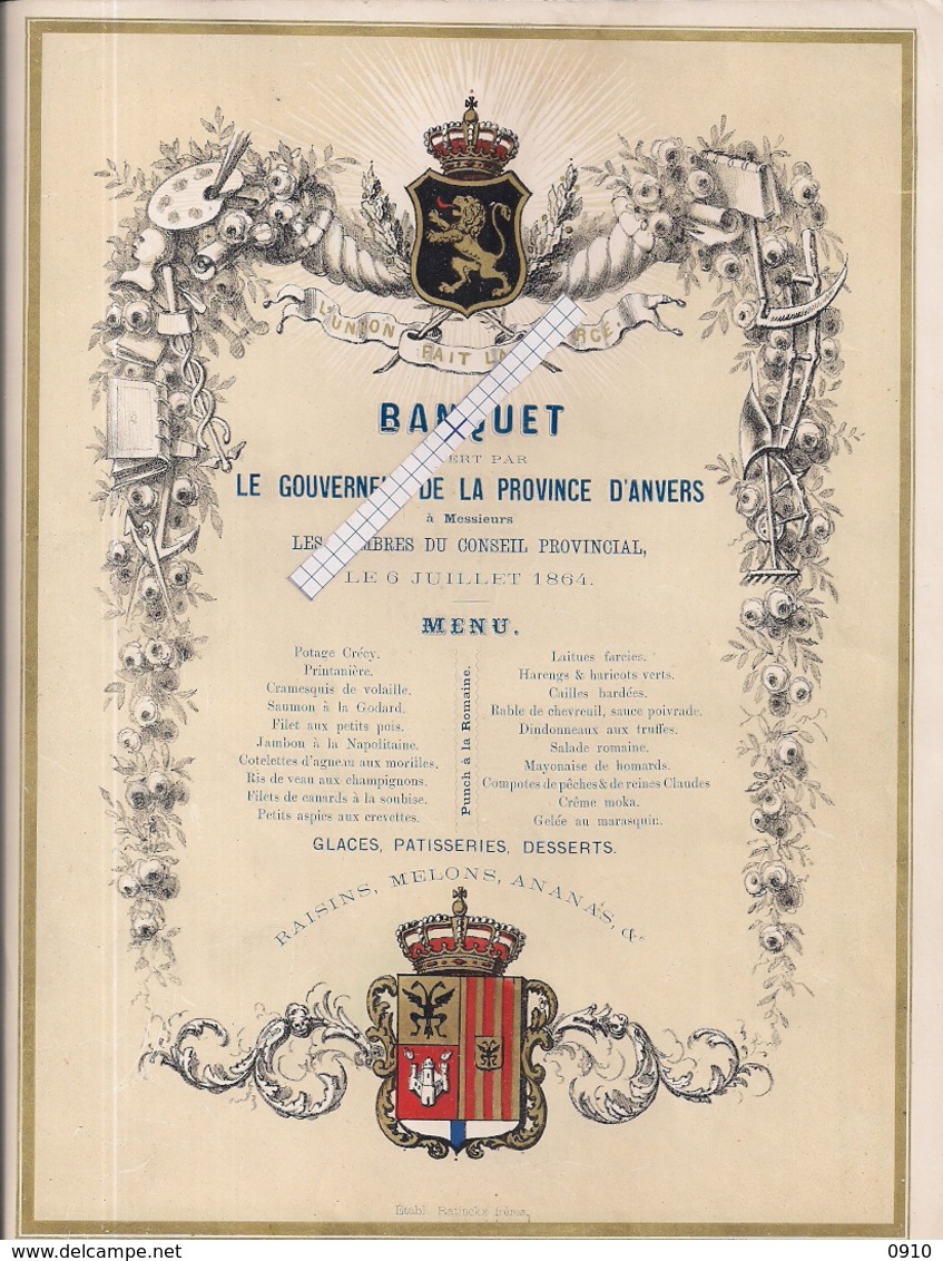 ANTWERPEN-ANVERS "BANQUET OFFERT PAR LE GOUVENEUR DE LA PROVINCE 1864"LITH.RATINCKX- 280MMX212MM - Porzellan