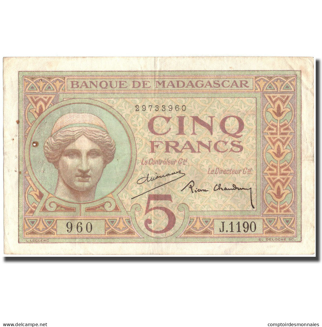 Billet, Madagascar, 5 Francs, KM:35, TTB - Madagascar