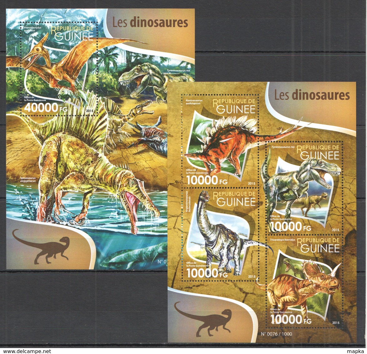 ST238 2015 GUINEE GUINEA FAUNA REPTILES PREHISTORIC ANIMALS LES DINOSAURES 1KB+1BL MNH - Prehistorisch