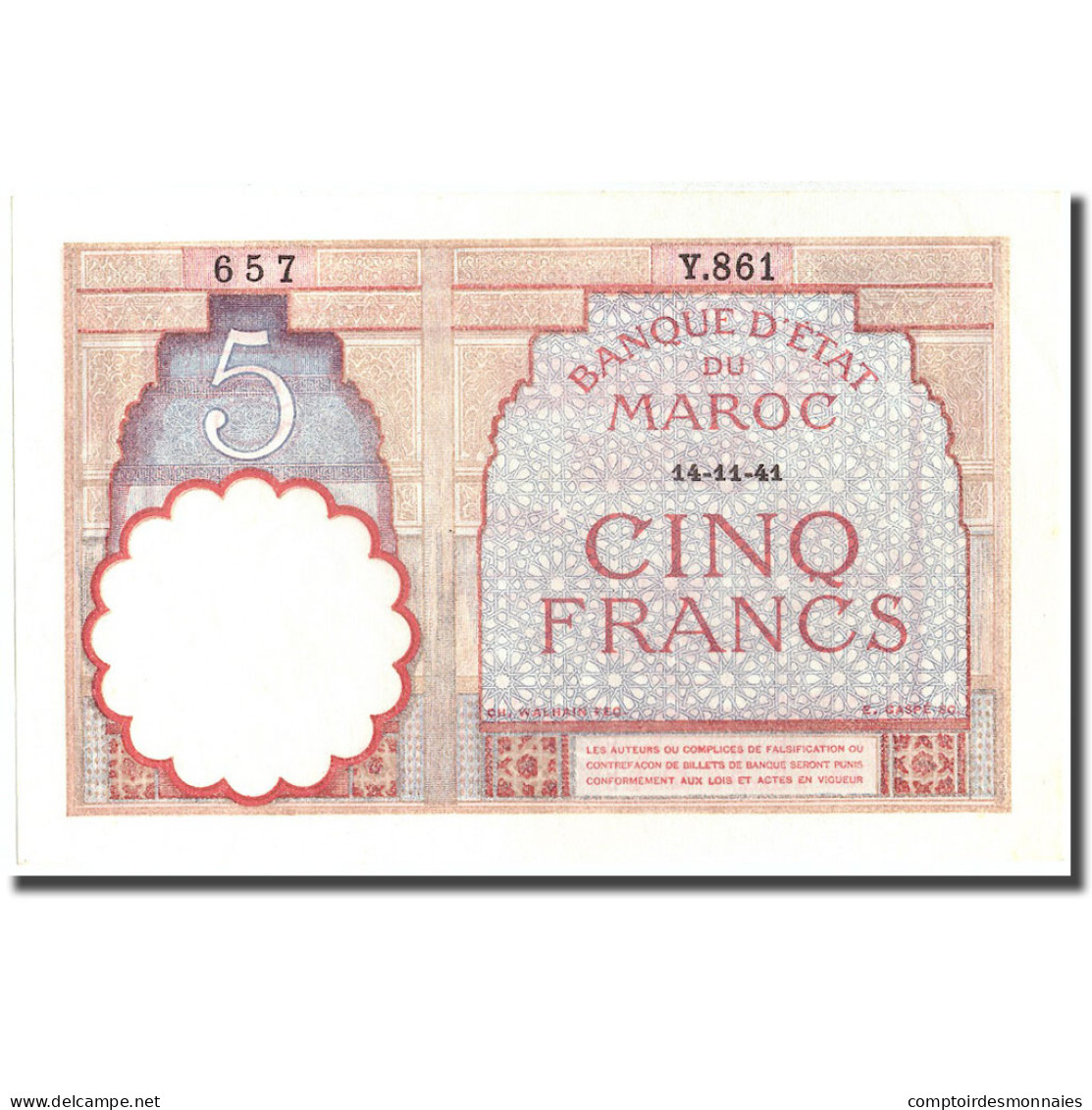 Billet, Maroc, 5 Francs, 1941, 1941-11-14, KM:23Ab, SPL+ - Marokko