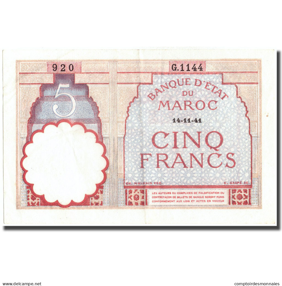 Billet, Maroc, 5 Francs, 1941, 1941-11-14, KM:23Ab, SUP - Marokko