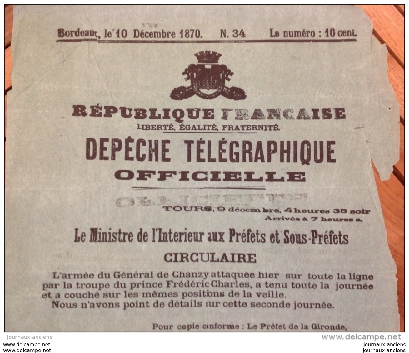 1870 DÉPÊCHE TÉLÉGRAPHIQUE - TOURS Le 10 Décembre - Général CHANZY 1870 - PLATEAU D&acute;AVRON - Jules FAVRE - Historical Documents