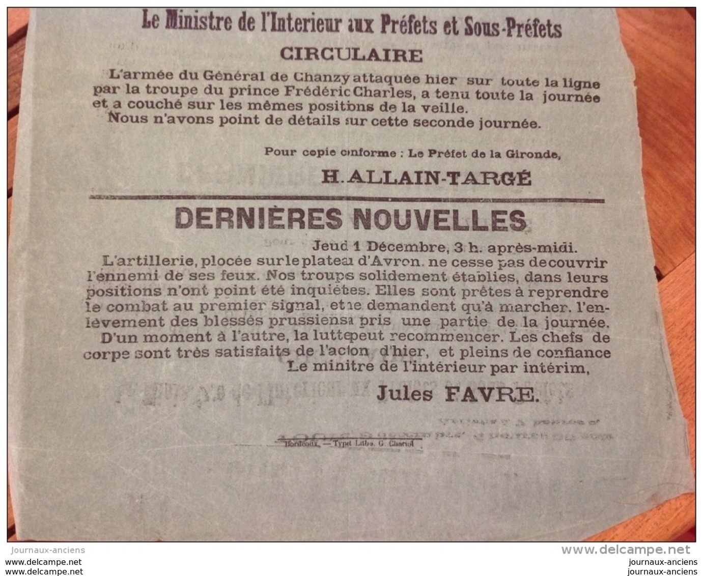 1870 DÉPÊCHE TÉLÉGRAPHIQUE - TOURS Le 10 Décembre - Général CHANZY 1870 - PLATEAU D&acute;AVRON - Jules FAVRE - Historical Documents