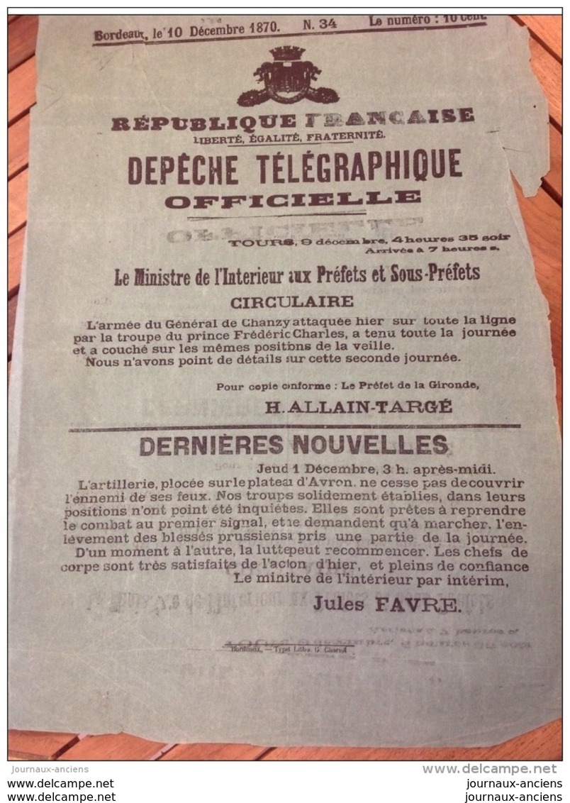 1870 DÉPÊCHE TÉLÉGRAPHIQUE - TOURS Le 10 Décembre - Général CHANZY 1870 - PLATEAU D&acute;AVRON - Jules FAVRE - Historical Documents