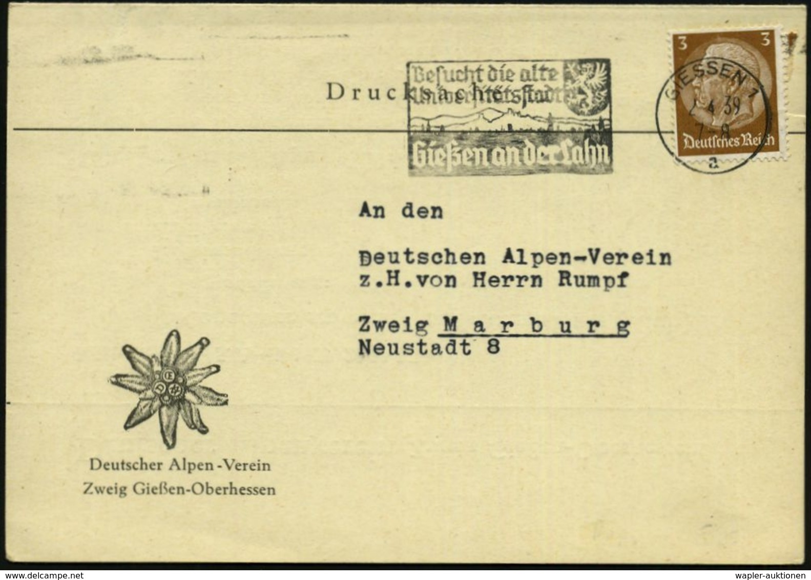 GIESSEN 1/ A/ Besucht D.alte/ Universitätsstadt 1939 (2.4.) MWSt Auf Dekorativer Klapp-Kkt.: Deutscher Alpen-Verein.. (E - Zonder Classificatie