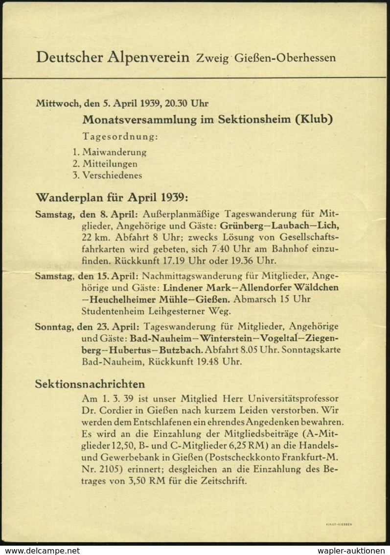 GIESSEN 1/ A/ Besucht D.alte/ Universitätsstadt 1939 (2.4.) MWSt Auf Dekorativer Klapp-Kkt.: Deutscher Alpen-Verein.. (E - Unclassified