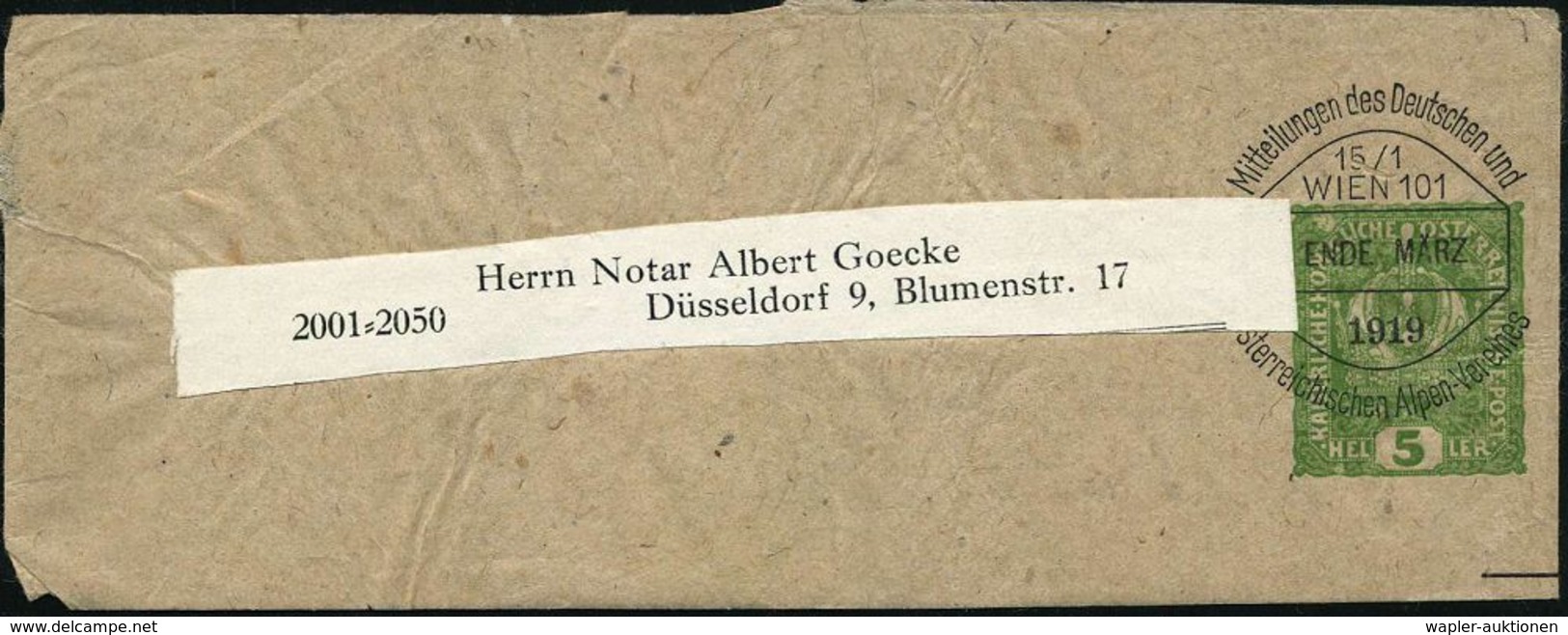 ÖSTERREICH 1919 Privat-Zeitungs-Sb 5 H. Krone, Grün Mit Buchdruck-Vorausentwertung: WIEN 101/Mitteilungen D.Dt.u./ Öster - Unclassified