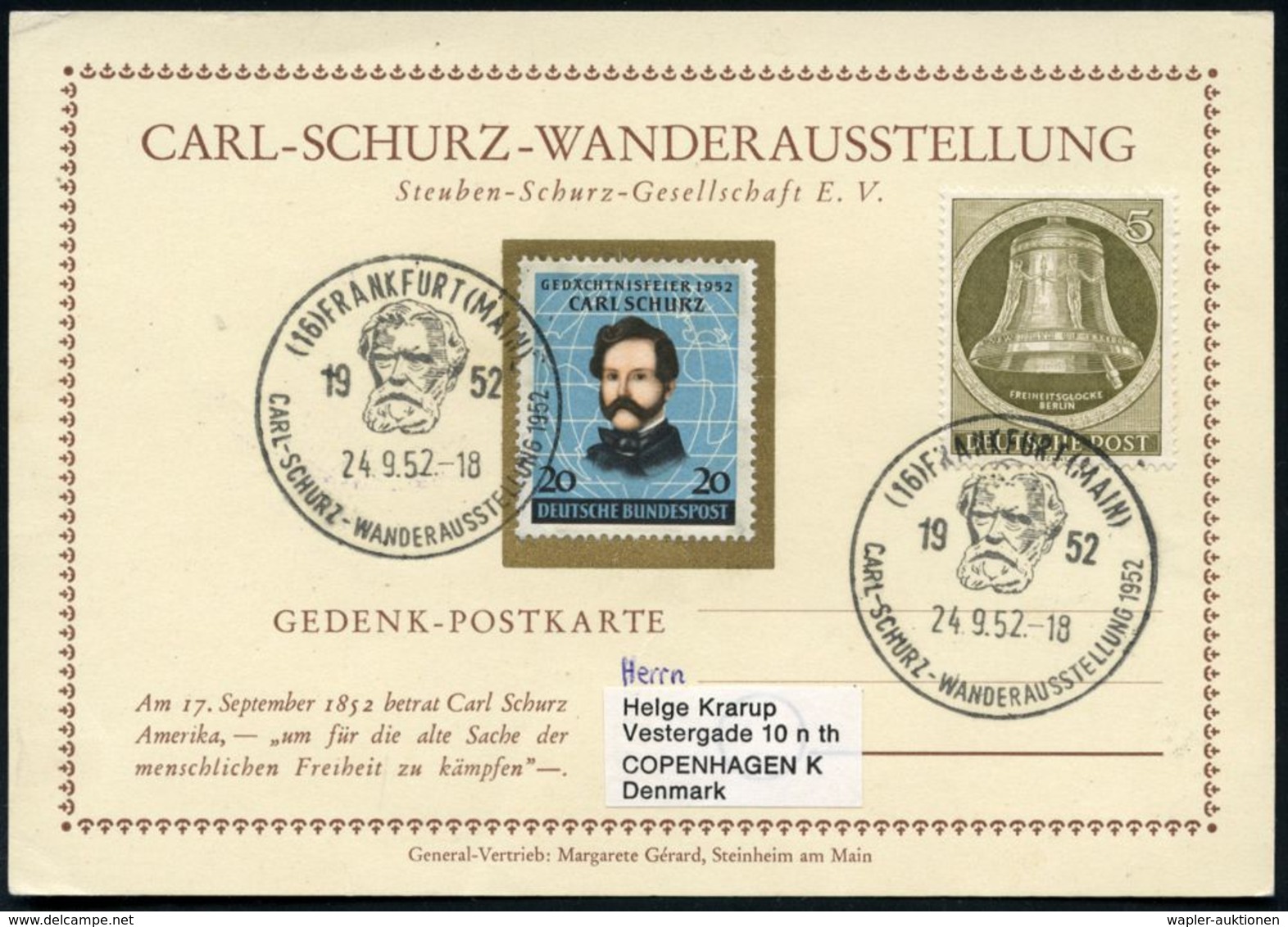 (16) FRANKFURT (MAIN)/  CARL-SCHURZ-WANDERAUSST. 1952 (24.9.) SSt = Kopfbild Schurz Auf Passender 20 Pf. Schurz + 5 Pf.B - Andere & Zonder Classificatie