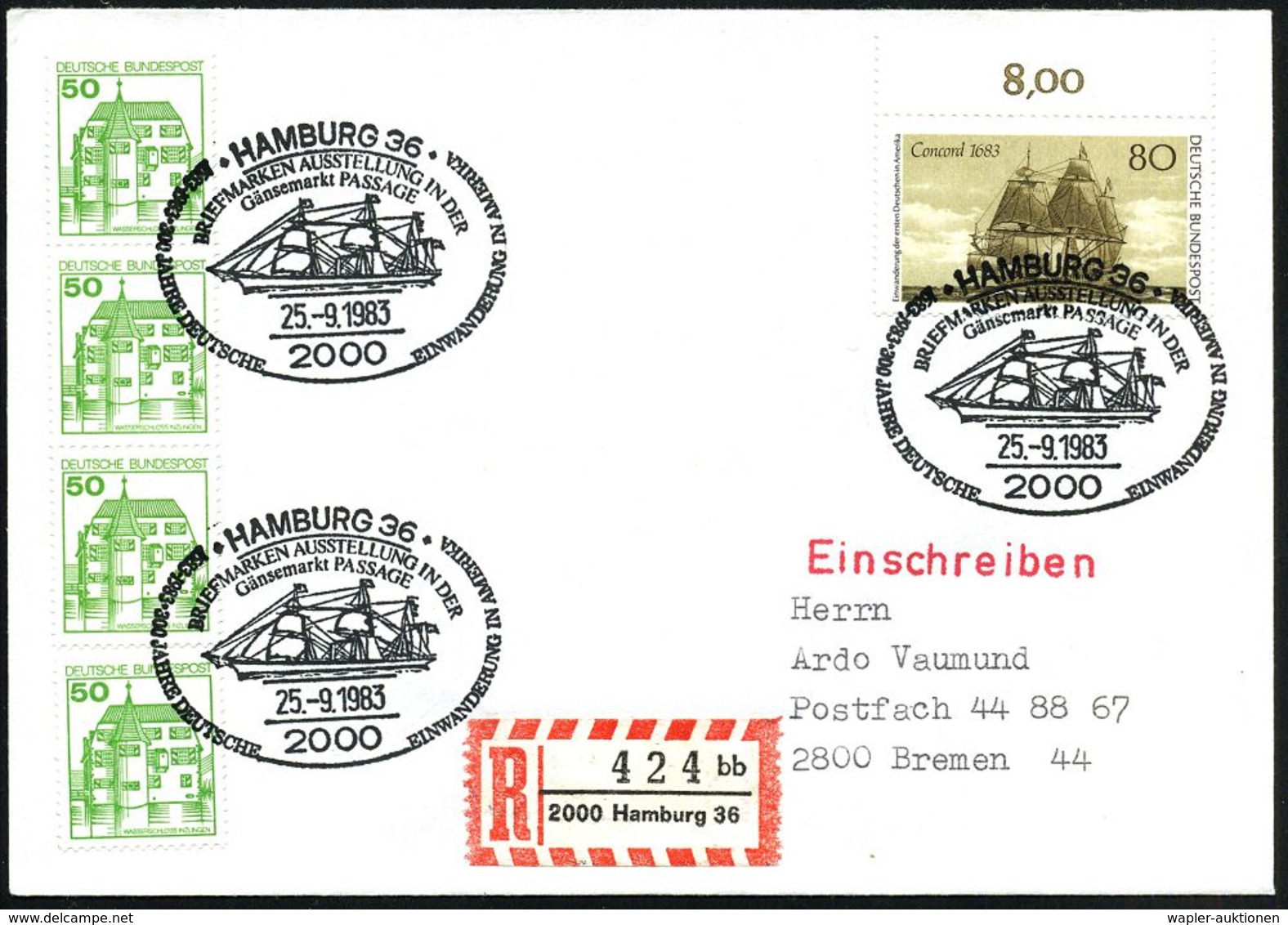 2000 HAMBURG 36/ 300 JAHRE DEUTSCHE EINWANDERUNG IN AMERIKA.. 1983 (25.9.) SSt = Auswandererlschiff Auf 80 Pf. Auswander - Andere & Zonder Classificatie