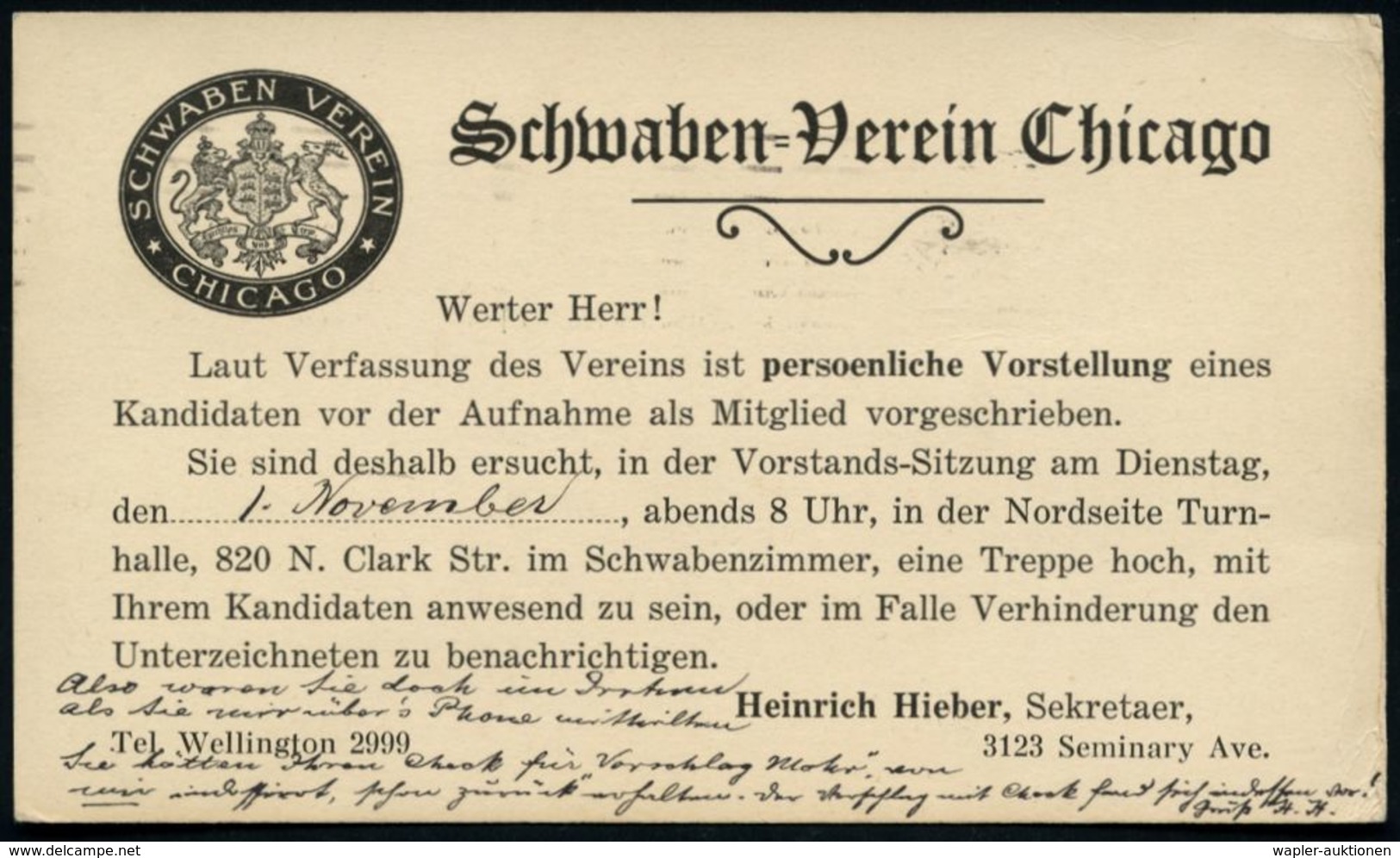 U.S.A. 1927 (Okt.) Amtl. P 1 C. Jefferson , Grün +. Rs. Privat-Zudruck: Schwaben-Verein Chicago (schwäbisches Wappen) De - Altri & Non Classificati