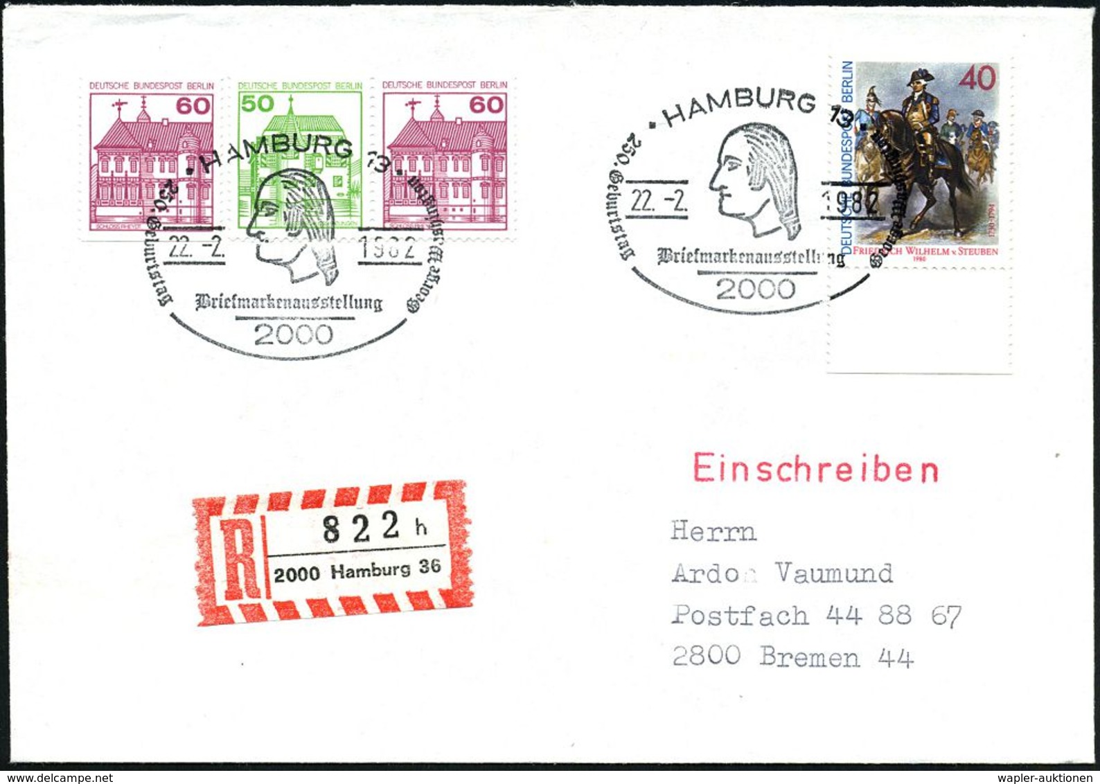 2000 HAMBURG 13/ 200.Geburtstag G.Washington 1982 (22.2.) SSt = Kopfbild Washington Auf 40 Pf. Steuben (Mi.628 Etc) + RZ - Autres & Non Classés