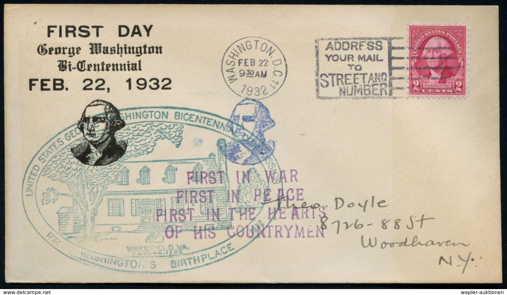 U.S.A. 1932 (22.2.) 2 C.Washington, EF + 2 HdN:..GEORGE WASHINGTON BICENTENNIAL.. + FIRST IN WAR/FIRST IN PEACE.., MWSt: - Sonstige & Ohne Zuordnung