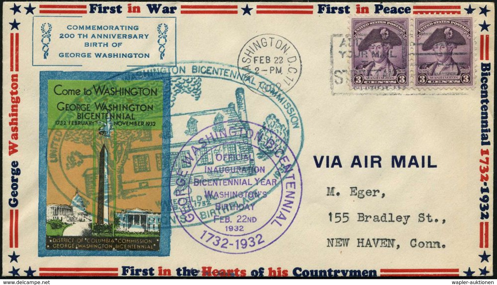 U.S.A. 1932 (22.2.) 3 C. George Washington, Reine MeF: Paar , Gest. WASHINGTON , D.C. + Grüner Oval-HdN: GEORGE WASHINGT - Sonstige & Ohne Zuordnung