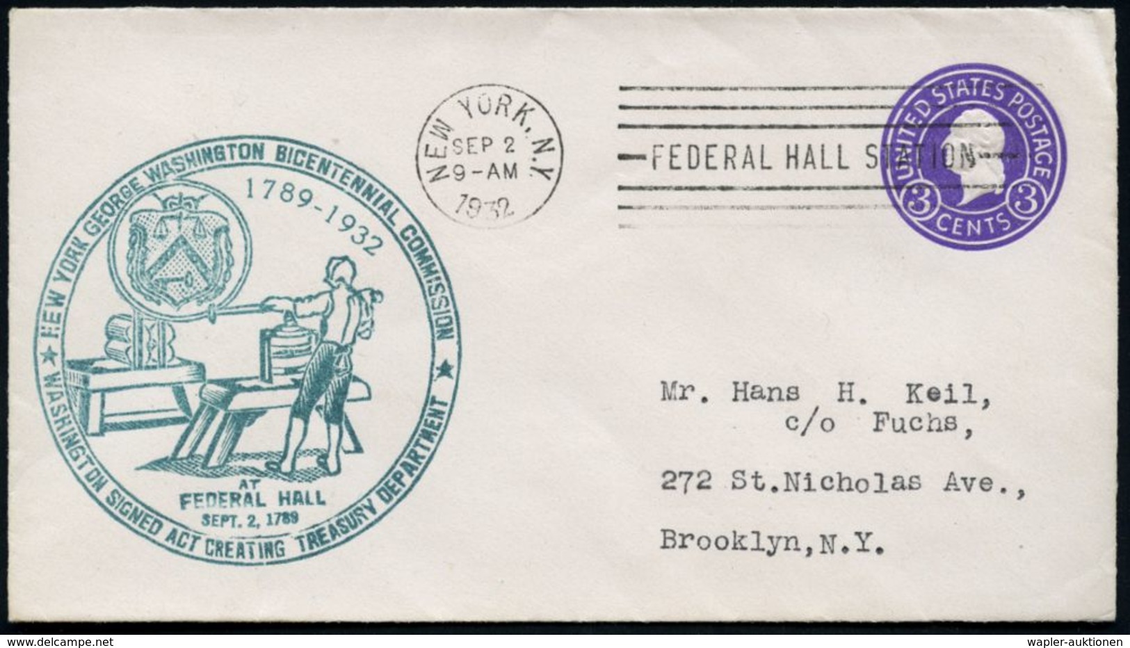 U.S.A. 1932 (2.9.) 3 C. U Washington, Viol. + Grüner HdN: WASHINGTON SIGNED ACT.. TREASURE DEPMT. (Münzprägepresse Etc.) - Andere & Zonder Classificatie