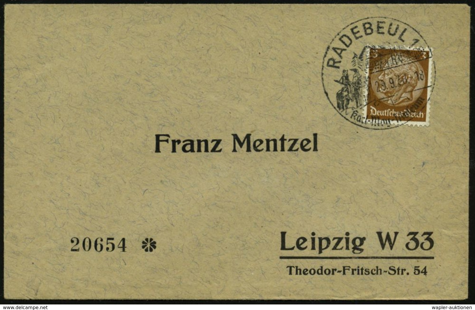 RADEBEUL 1/ Karl-May-Museum 1938 (29.9.) HWSt = Old Shatterhand, Winnetou Zu Pferd, Villa "Bärenfett", Klar Gest., Klein - Andere & Zonder Classificatie