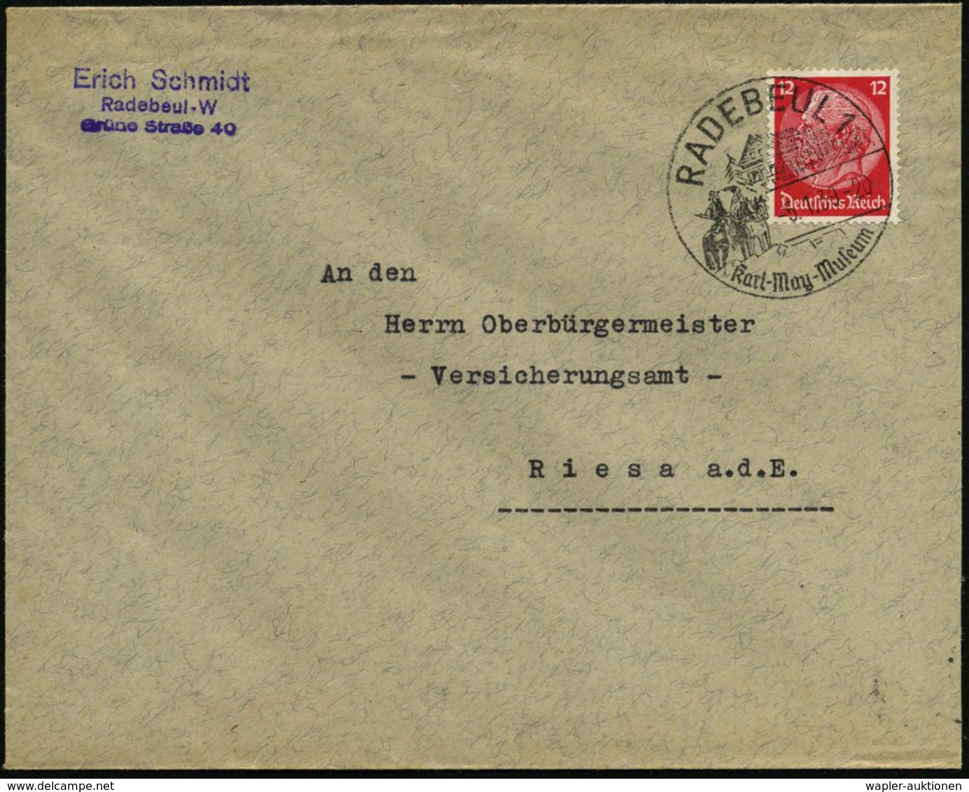 RADEBEUL 1/ Karl-May-Museum 1939 (5.1.) HWSt = "Old Shatterhand" U. "Winnetou" Zu Pferd (vor Villa "Bärenfett") Klar Ges - Autres & Non Classés