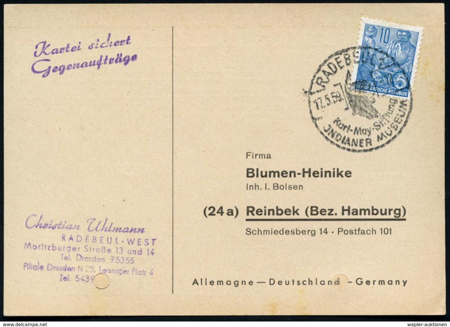 RADEBEUL 1/ Karl-May-Stiftung/ JNDIANER MUSEUM 1958 (17.5.) HWSt = Indianerkopf (mit Feder) Firmen-Kt.Bf. (Reg.-Lochung  - Andere & Zonder Classificatie