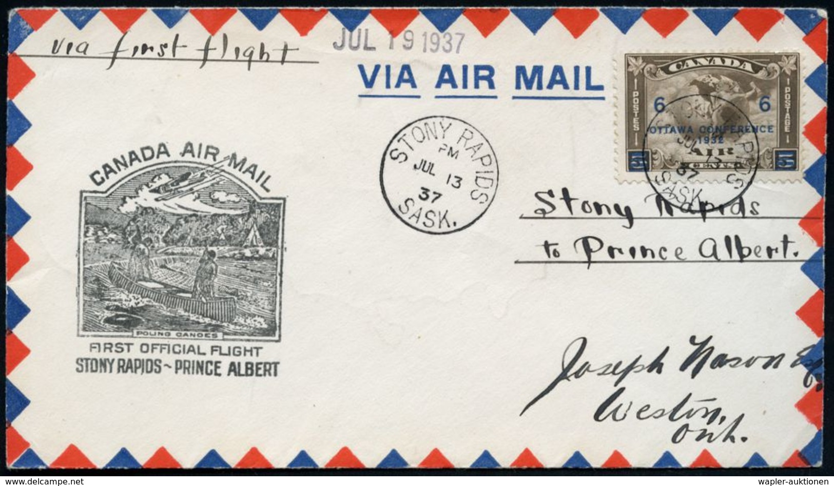 CANADA 1937 (13.7.) Erstflug-Bf. "STONY RAPIDS - PRINCE ALBERT" (AS) + Amtl. Flp.-HdN: Indianer-Kanu/-Tipi, EF Flp. 6/5  - Altri & Non Classificati