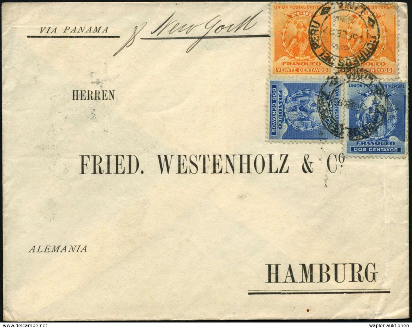 PERU 1897 (15.2.) 2 C. UPU, Inka-Häuptling "Atahualpa" Mit Tomahawk, Blau, 2x + 2x 20 C. Francisco Pizarro (Eroberer Des - Andere & Zonder Classificatie