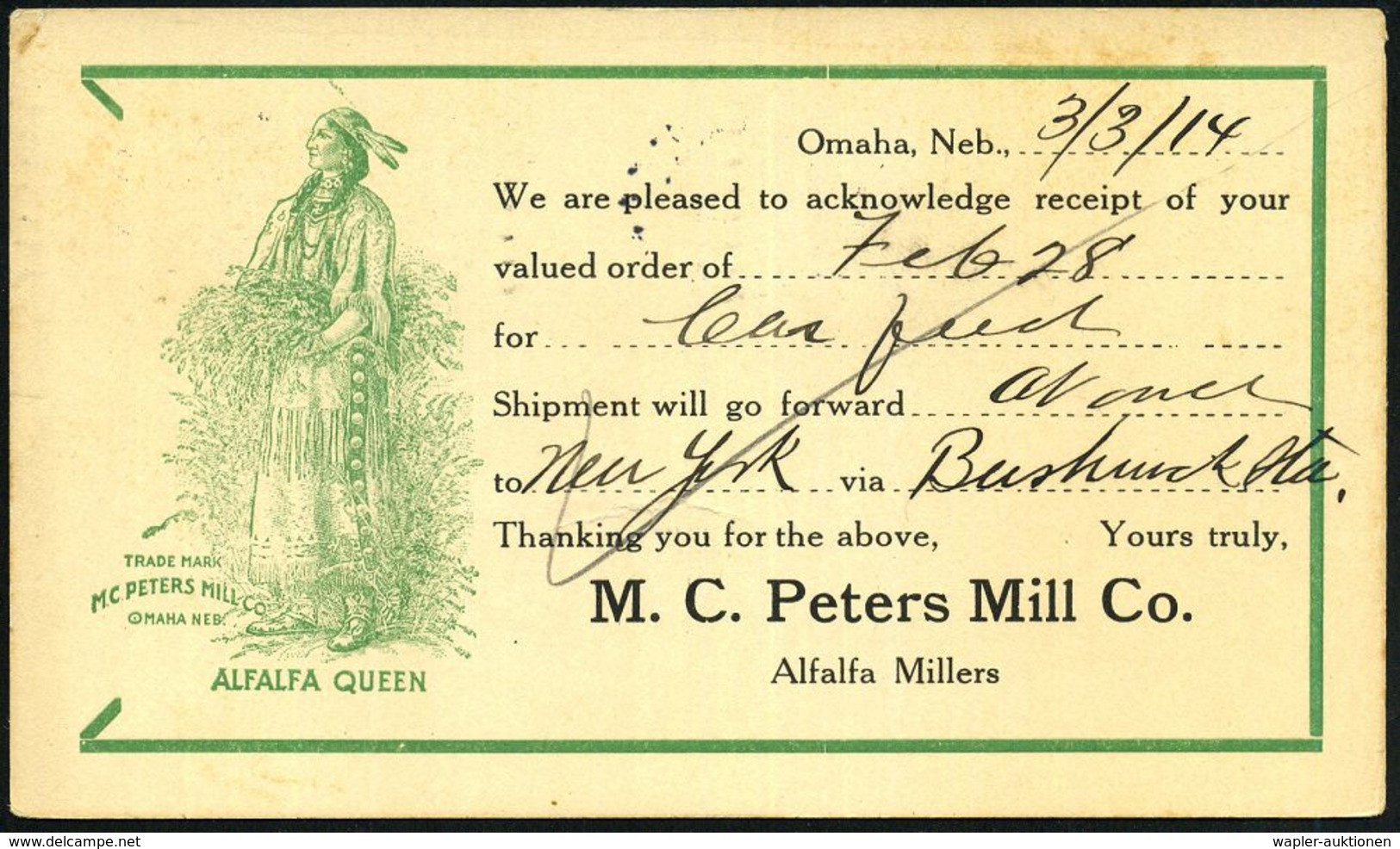 U.S.A. 1914 (März) Reklame-PP 1 C. McKinley, Rot: M.C. Peters Mill Co./Omaha.. = Indianerin "ALFALA QUEEN" (Indianerin M - Altri & Non Classificati