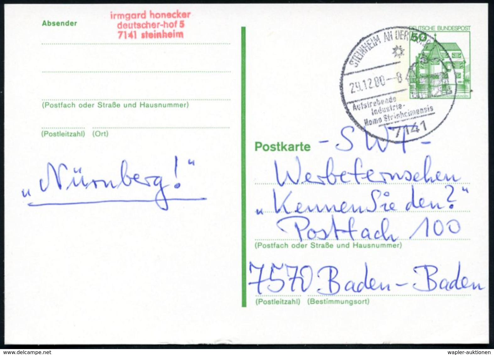 7141 STEINHEIM AN DER MURR 1/ ..Homo Steinheimensis 1980 (29.12.) HWSt (Haus/Sonne) Bedarfs-Kt. (Bo.3) - FRÜH- & VORGESC - Preistoria