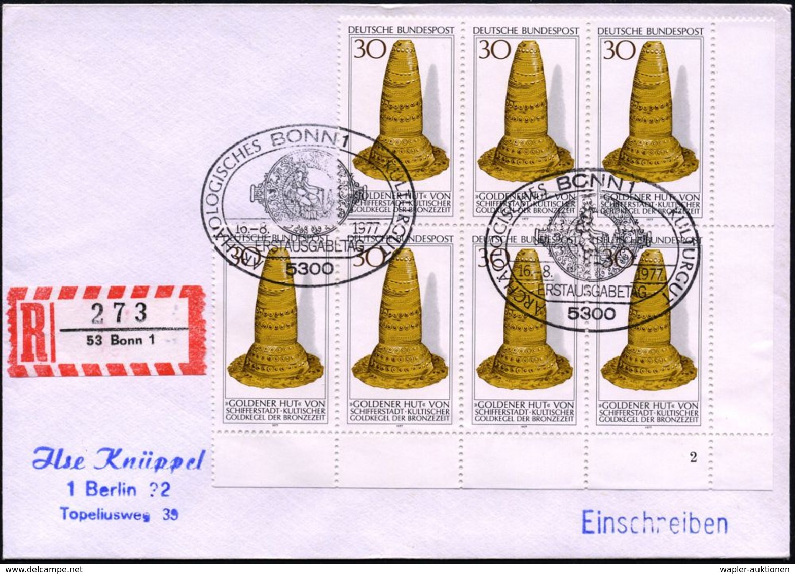 B.R.D. 1977 (16.8.) 30 Pf. "Goldener Hut", Reine MeF: Eckrand-7er-Block + Ersttags-SSt: 5300 BONN (Bo.431 II), Inl.-R-FD - Prehistorie