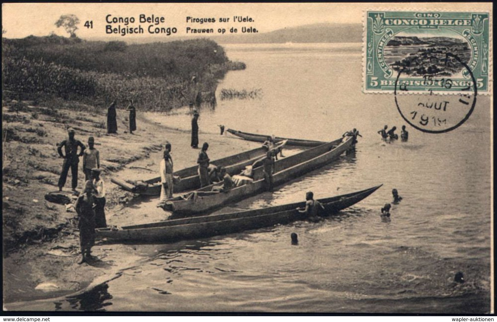 BELGISCH-KONGO 1919 10 C. BiP Braun: Einbäume Auf Dem Uele-Fluß (vs. Zusatzfrank.) Sauber Gest. Übersee-Kt. (HG.P 44/41) - Prehistorie