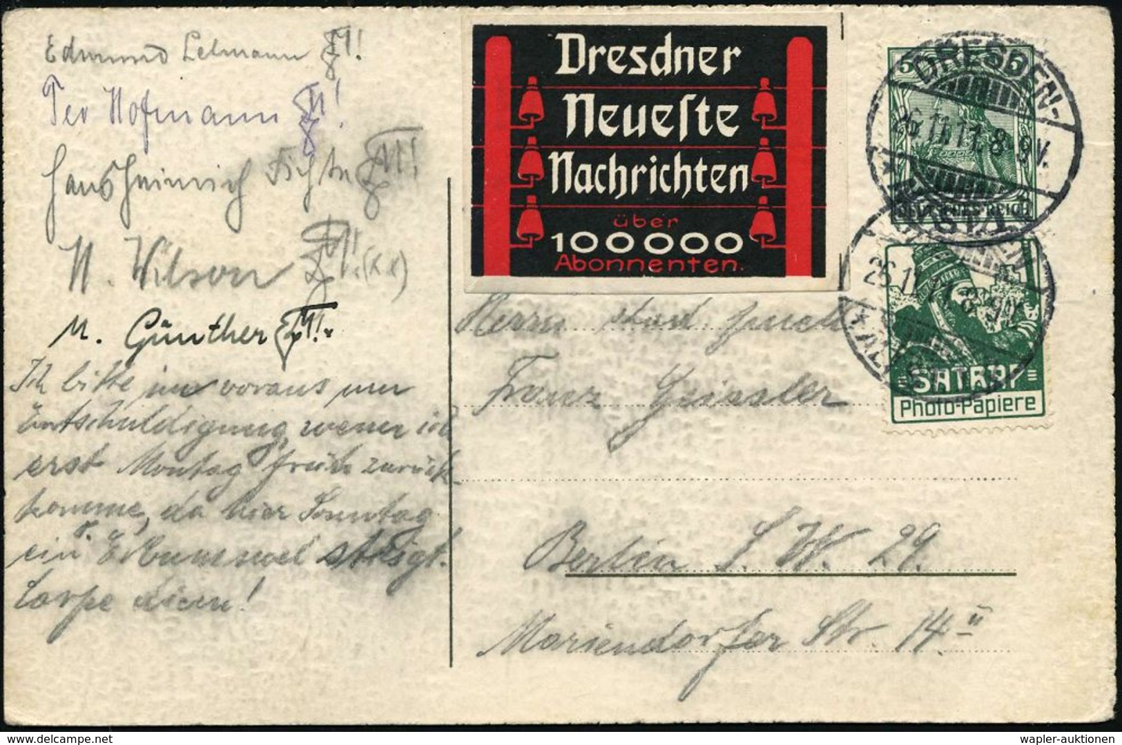 Dresden-Altst. 1 1911 (26.11.) 5 Pf. Germania U. Reklame-Zierfeld "SATRAP"- Foto-Papiere, Gr. Kopf (lose Darunter, Zusam - Egyptologie
