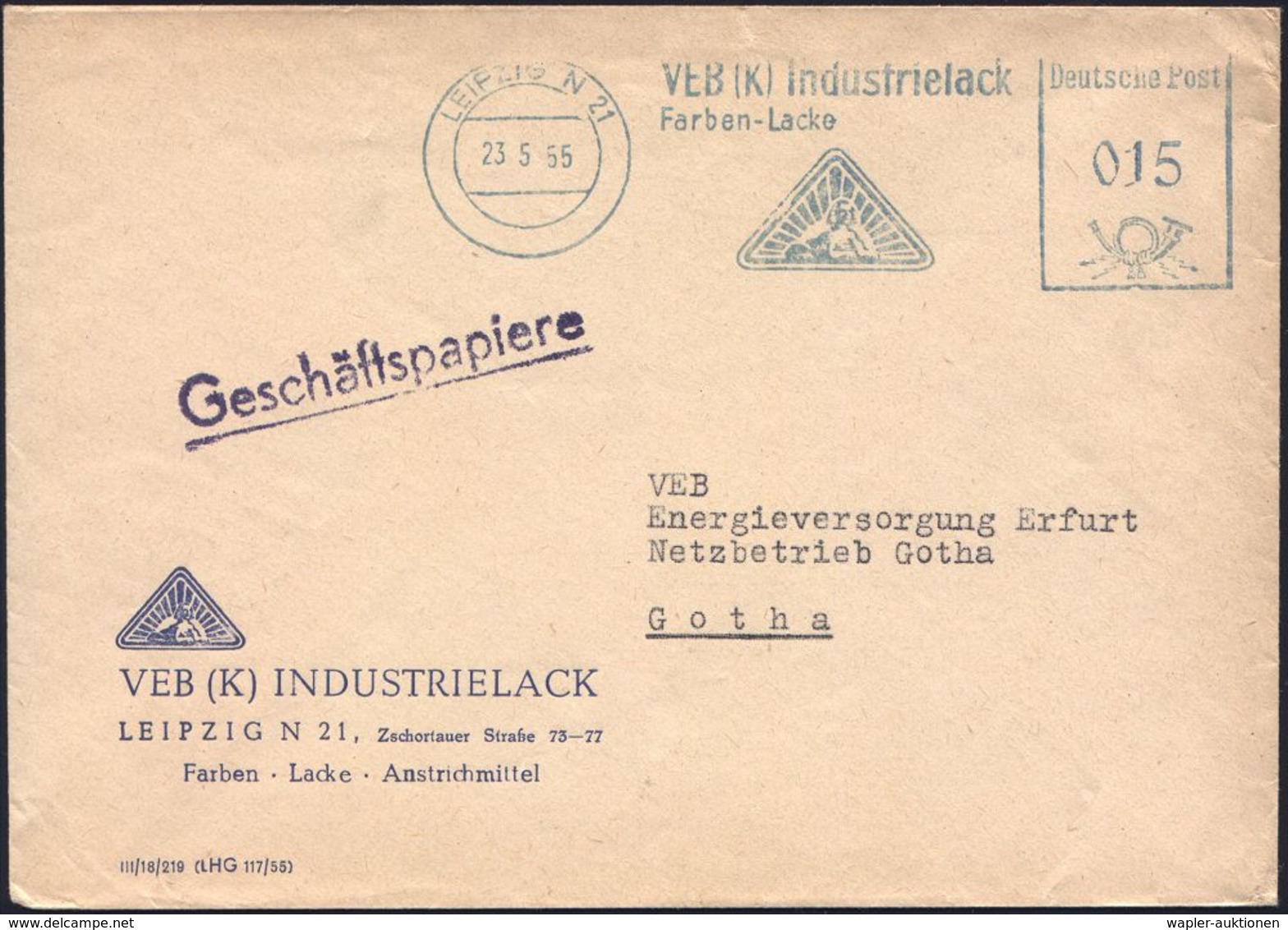 LEIPZIG N 21/ VEB (K) Industrielack/ Farben-Lacke 1955 (23.5.) Seltener, Blauer , Aptierter AFS (PLGZ U. "Druck-farben"  - Egittologia