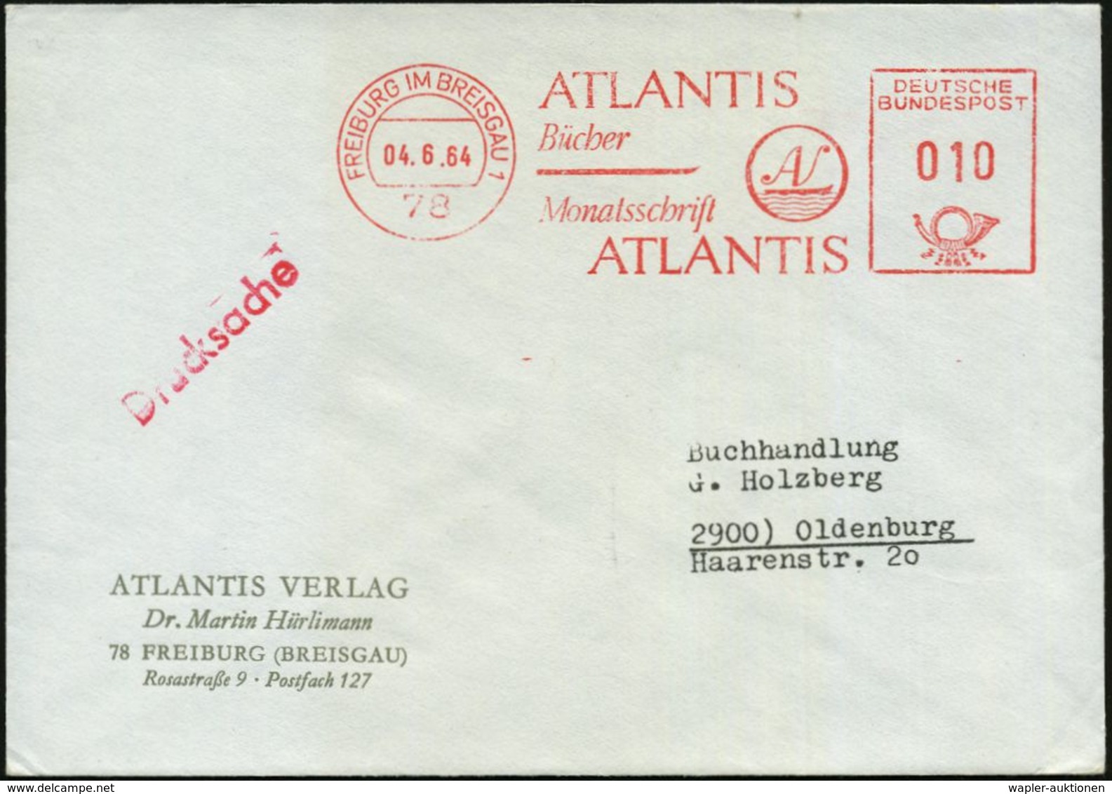 78 FREIBURG IM BREISGAU 1/ ATLANTIS/ Bücher/ Monatsschrift/ ATLANTIS 1964 (4.6.) AFS (Monogr.-Logo M.Wellen) Firmen-Bf.  - Archeologia