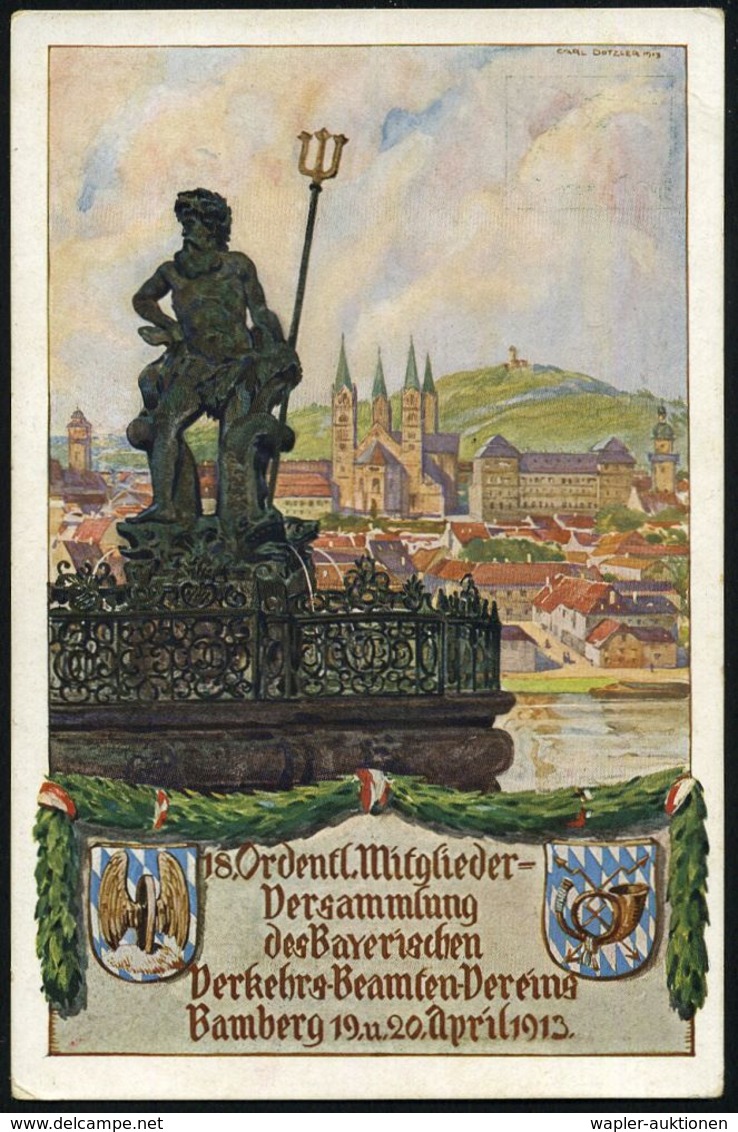 Bamberg 1913 (20.4.) PP 5 Pf. Luitpold, Grün: 18. Ordentl. Mitglieder-Versammlung Des Bayer. Verkehrs-Beamten-Vereins =  - Mitologia