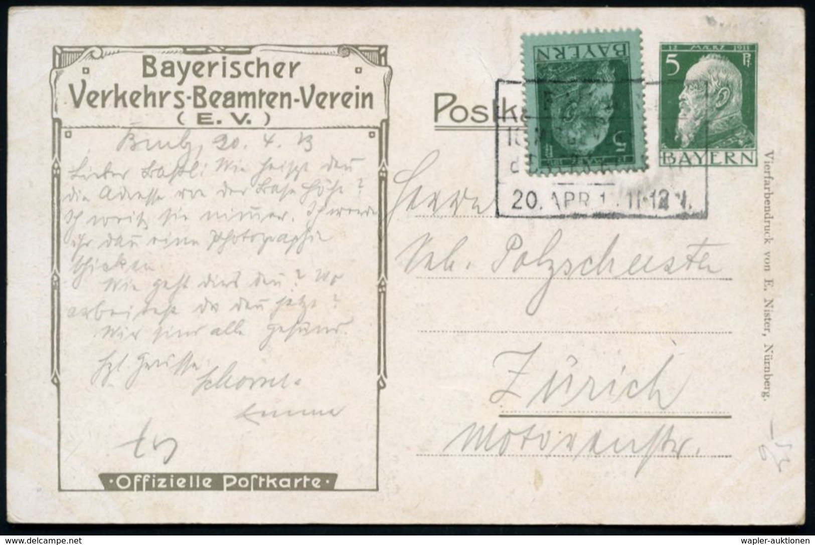 Bamberg 1913 (20.4.) PP 5 Pf. Luitpold, Grün: 18. Ordentl. Mitglieder-Versammlung Des Bayer. Verkehrs-Beamten-Vereins =  - Mitologia