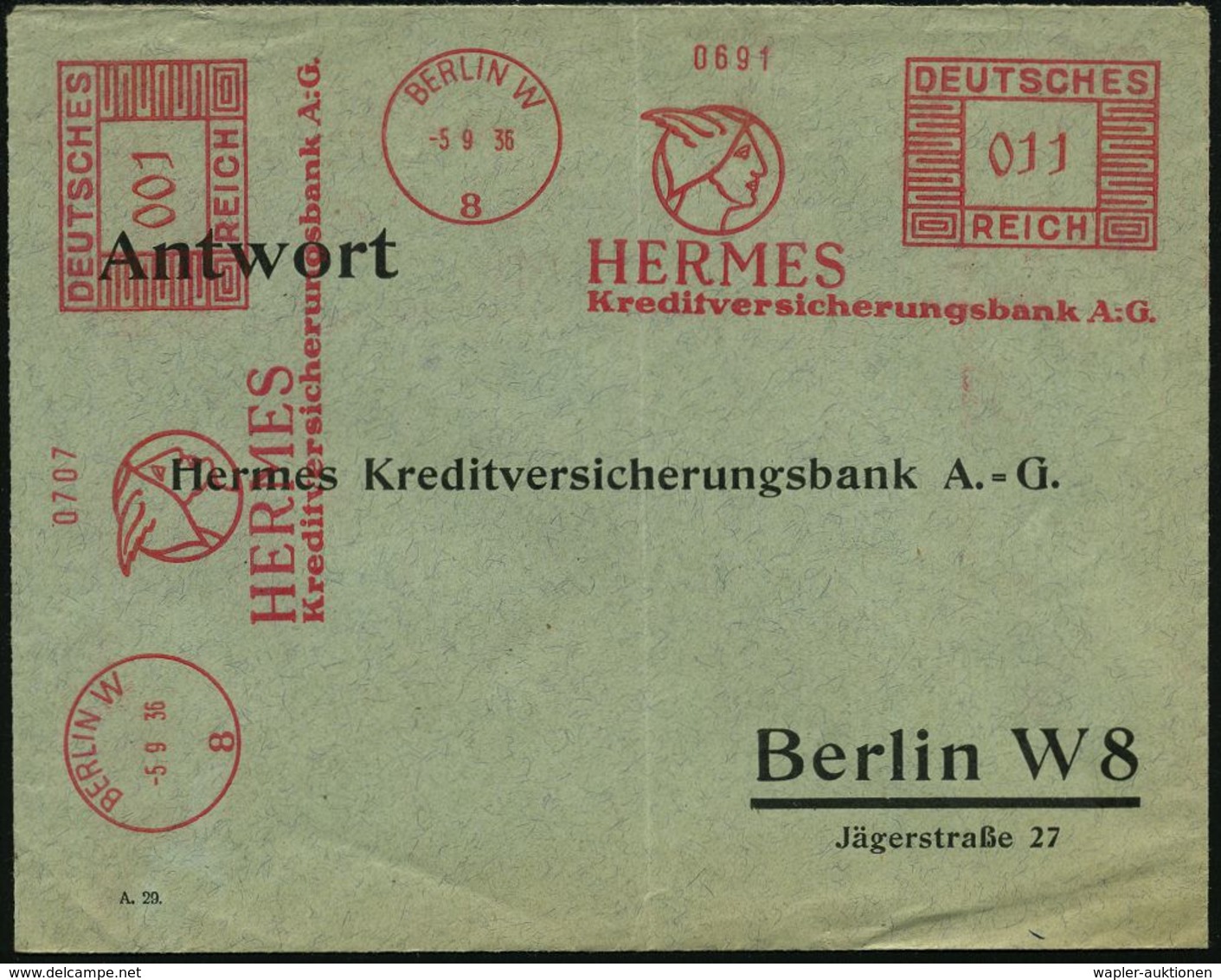 BERLIN W/ 8/ HEMRES/ Kreditversicherungs A.-G. 1936 (5.9.) AFS 011 Pf. + 001 Pf. (2 Abdrucke!) = Hermeskopf (mit Flügelh - Mitologia