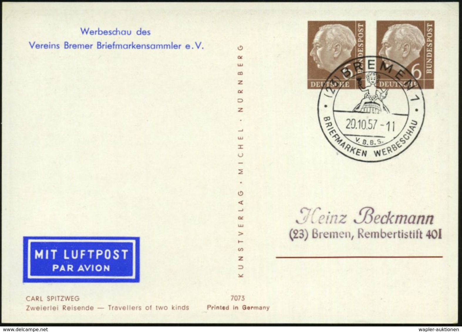 (23) BREMEN 1/ V.B.B.S./ BRIEFM.WERBESCHAU 1957 (20.10.) SSt = Bacchus Auf Weinfaß A. Passender PP 7 Pf.Heuss: Werbescha - Mythologie