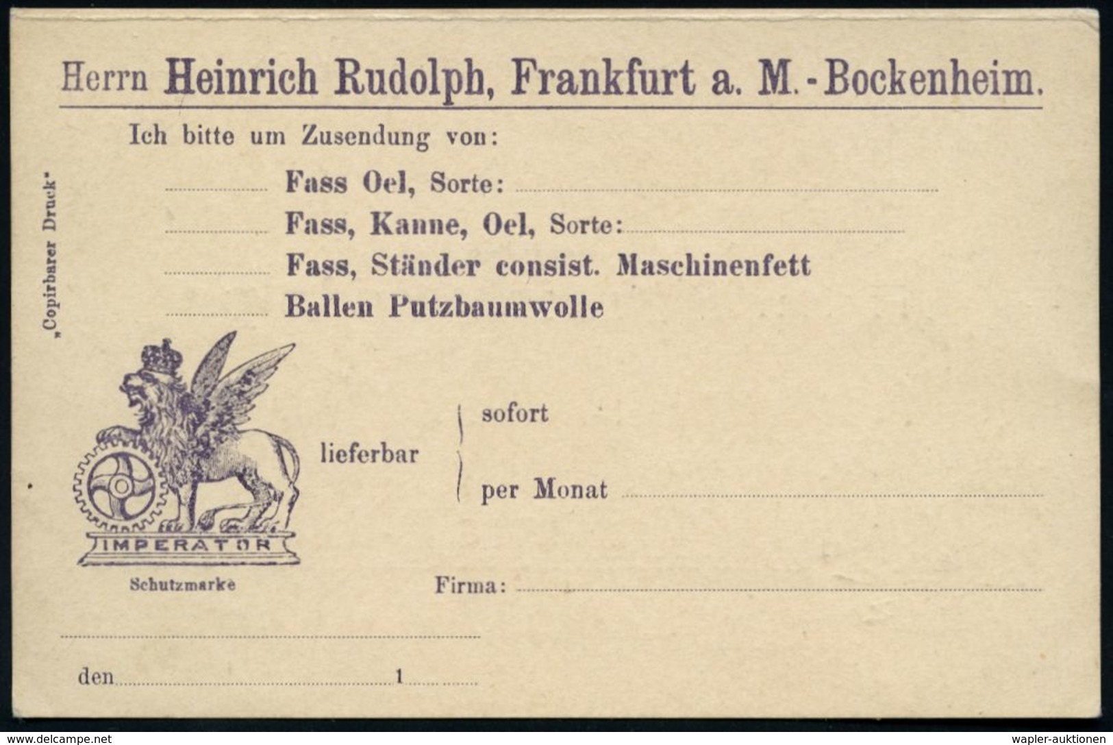 Frankfurt A.Main-Bockenheim 1898 5 Pf. Amtl. Antwort-P "Krone", Grün + Zudruck: Heinrich Rudolph GERMANONLINE / IMPERATO - Mythology