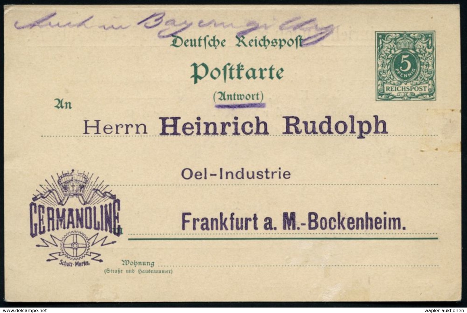 Frankfurt A.Main-Bockenheim 1898 5 Pf. Amtl. Antwort-P "Krone", Grün + Zudruck: Heinrich Rudolph GERMANONLINE / IMPERATO - Mythology