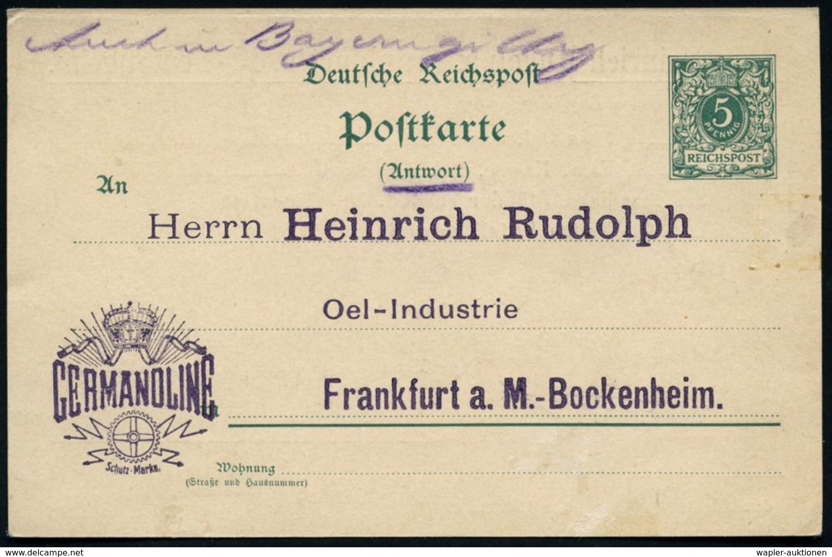 Frankfurt A.Main-Bockenheim 1898 5 Pf. Amtl. Antwort-P "Krone", Grün + Zudruck: Heinrich Rudolph GERMANONLINE / IMPERATO - Mythologie