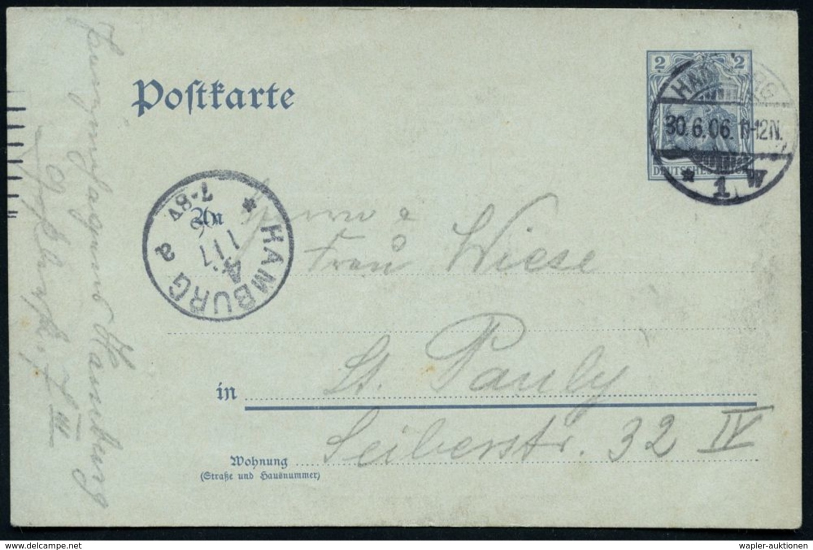 HAMBURG 1906 (30.6.) PP Pf. Germania, Grau: Letzte Grüsse..2 Pf. Postkarte = Weinender Merkur (u. Postbote, Briefkasten, - Mitologia