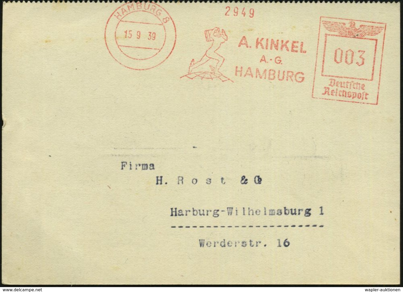 HAMBURG 8/ A.KINKEL/ A.-G. 1939 (15.9.) AFS = Geflügelter Merkur (eilt Mit Kiste über Globus) Klar Gest. Orts-Kt. (Dü.E- - Mythologie