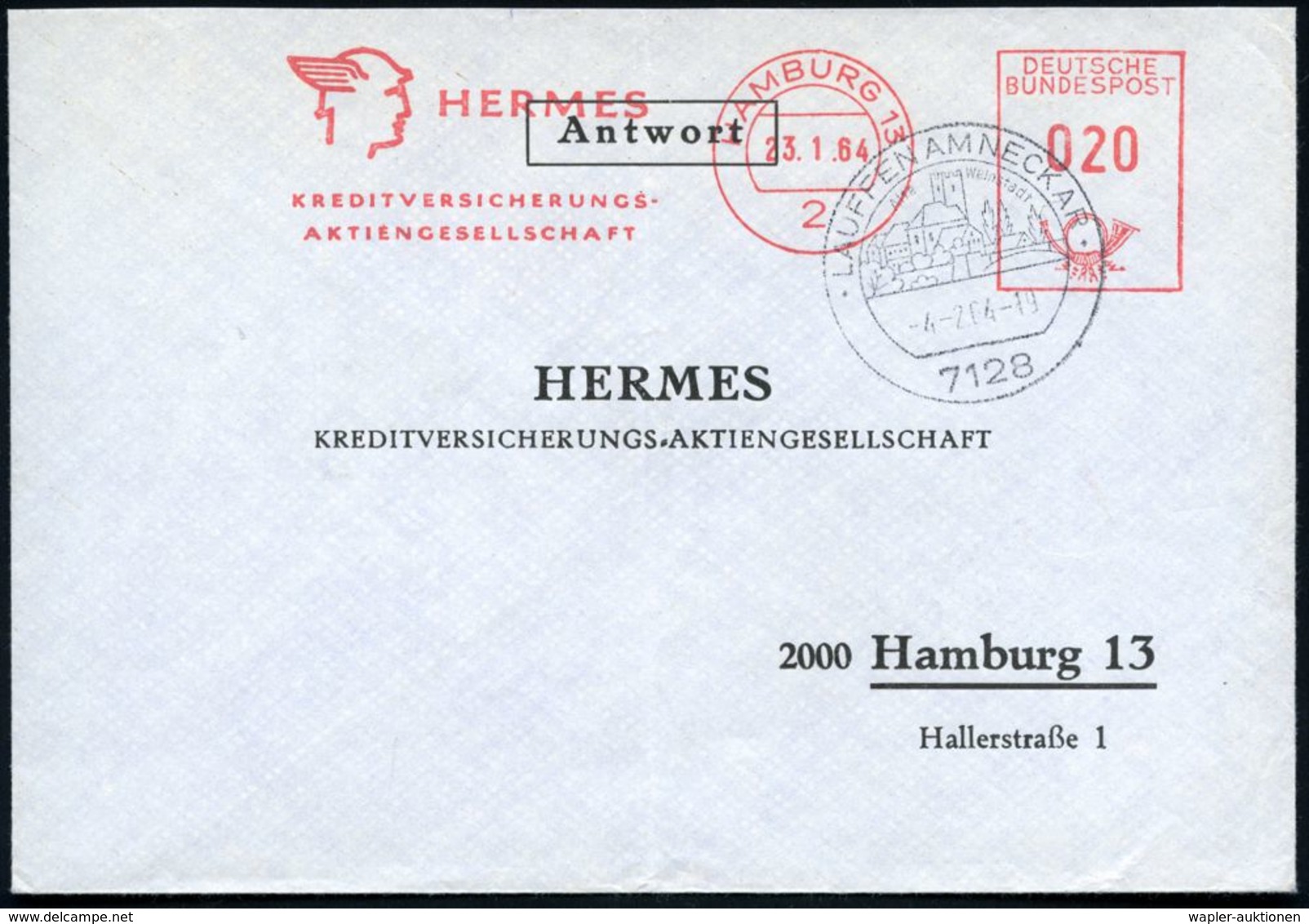 2 HAMBURG 13/ HERMES/ KREDITVERSICHERUNGS-/ AG 1963 (Nov.) AFS = Hermeskopf (mit Flügelhelm) Voraus-frankierter Antwort- - Mythologie