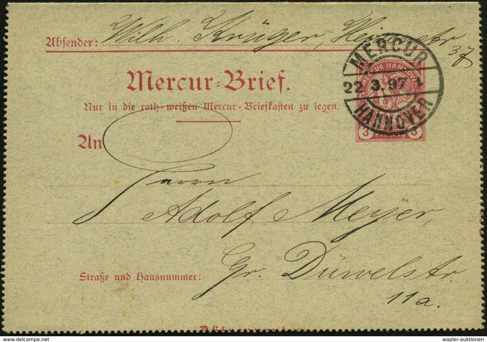 Hannover 1897 (22.3.) Privatpost "Mercur" , Kartenbf 3 Pf. Schreitender Merkur , Karminrosa, 1K-Steg: M E R C U R /1./ H - Mitologia