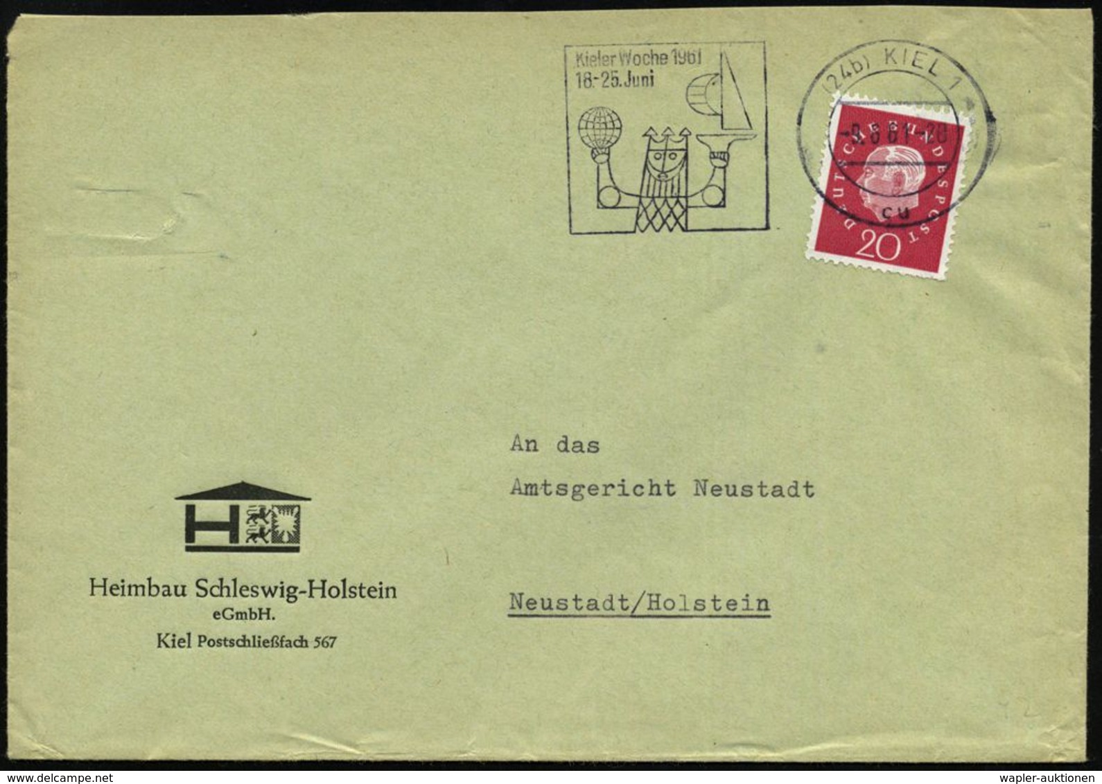 (24b) KIEL 1/ Cu/ Kieler Woche../ 18.-25.Juni 1961 (9.6) MWSt = Neptun (m.Globus, Segelboot) Klar Gest. Inl.-Bf. (Bo.92  - Mythologie