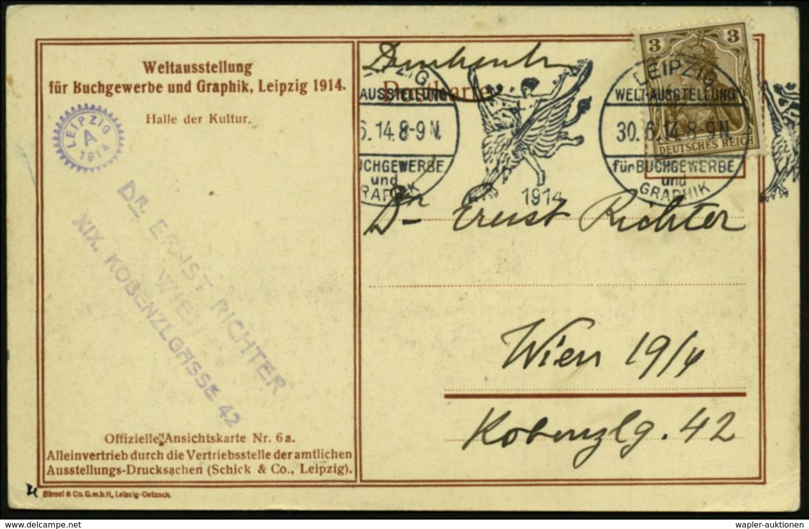LEIPZIG/ WELTAUSSTELLUNG/ Für BUCHGEWERBE/ Und/ GRAPHIK 1914 (30.6.) BdMWSt = Vogel Greif (m. Nacktem Mann) Klar Auf Off - Mythologie