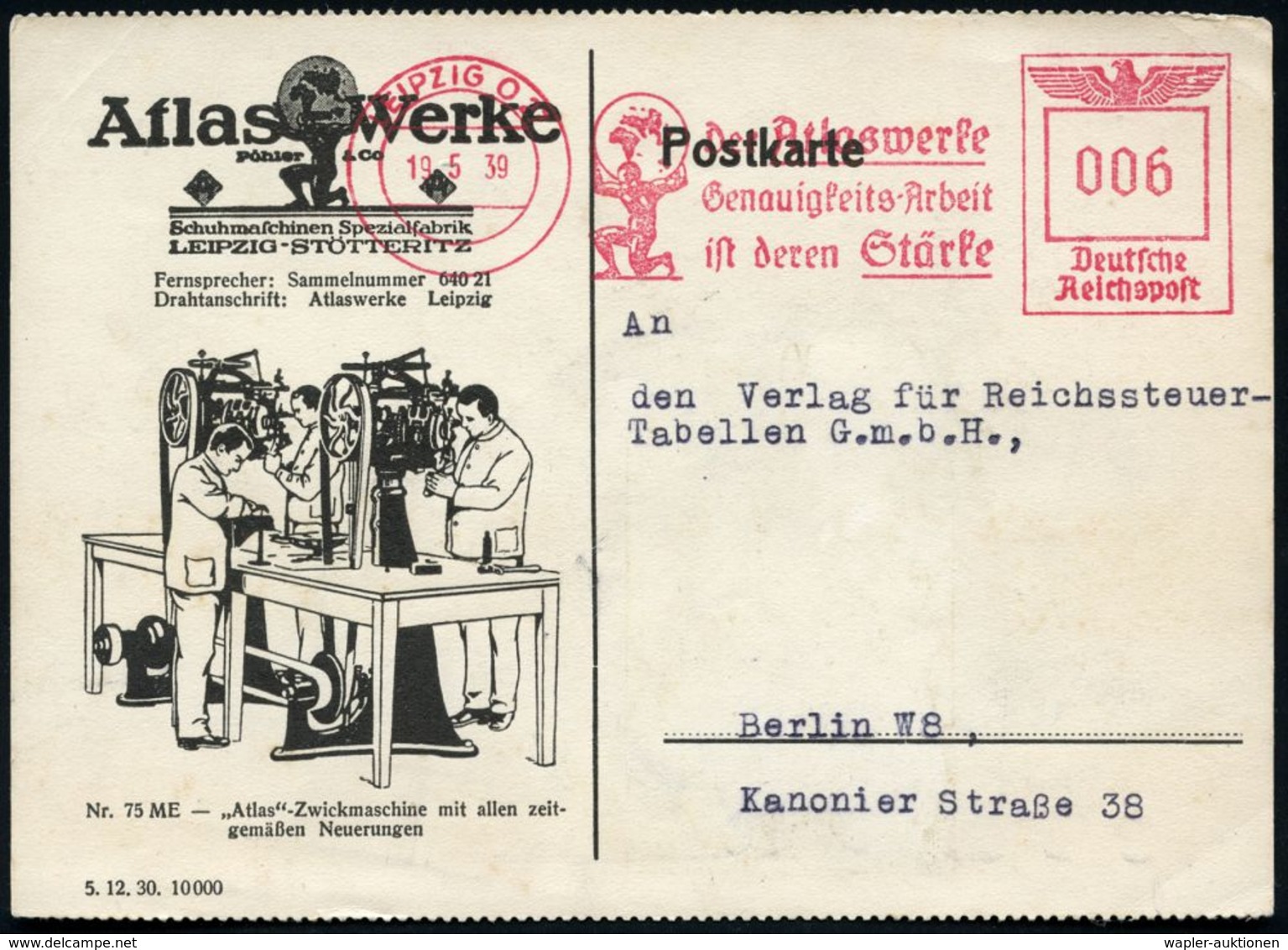 LEIPZIG O 27/ Der Atlaswerke/ Genauigkeitsarbeit/ Ist Deren Stärke 1939 (19.5.) Seltener AFS =  A T L A S  Mit Globus ,  - Mythologie